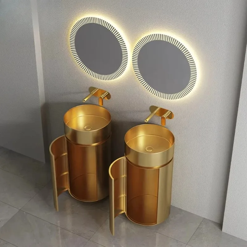 304 Stainless Steel Bathroom Hand Wash Sink Cabinet Drawer Free Standing Brushed Gold Pedestal Basin Sink with LED Mirror