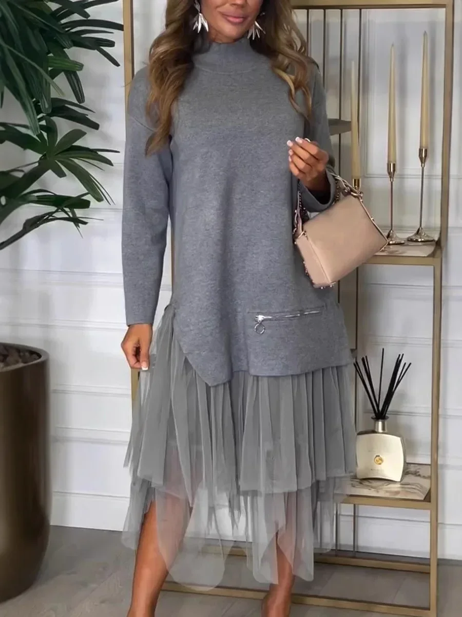 

Women's Lace Patchwork Sweatshirt Dress Fashion Solid Irregular Long Sleeve Dresses Autumn Winter Casual Loose Vestido Feame