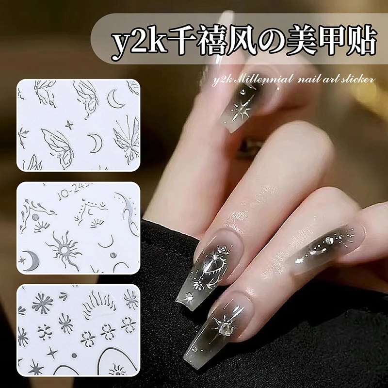 3d y2k Metallic Silver Flame Star Moon Butterfly Nail Art Stickers Adhesive Sliders Nail Decals Decoration Manicure Accessories