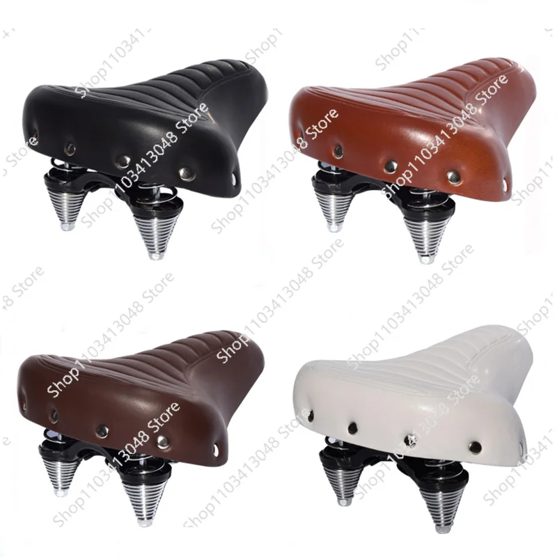 Comfortable Road Bike Seat Soft Wide Thicken Bicycle Saddle Vintage White Black Leather Pad with Spring Cycling Parts