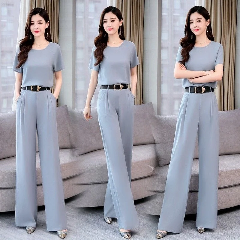 Women's Professional Suit 2022 Spring And Autumn New Western Style V Collar Top Wide Leg Pants Two Piece Set Plus Size Clothing