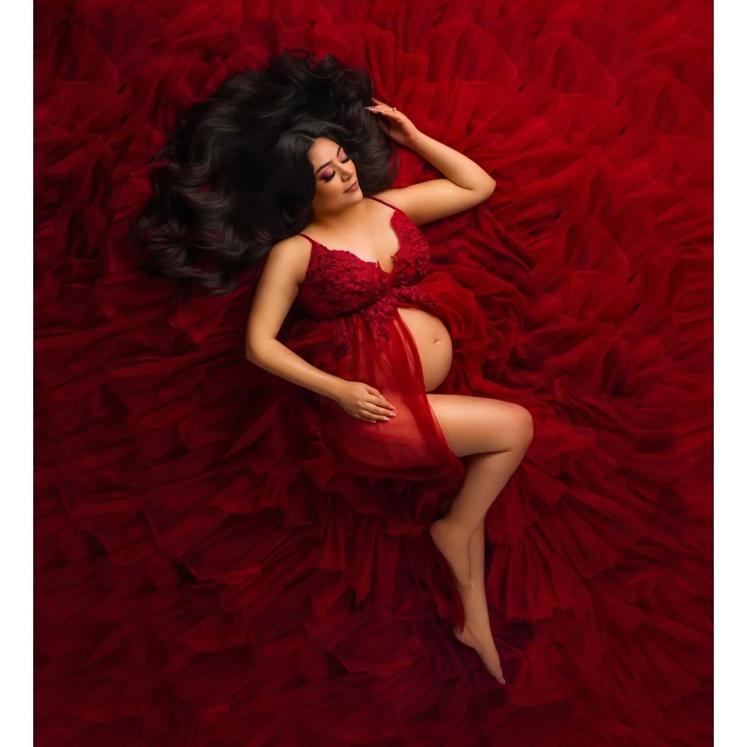 

Tulle Red Prom Dresses Plus Size Maternity Photoshoot Dress Lace Appliques Slit Baby Shower Gown Photography Props Customized