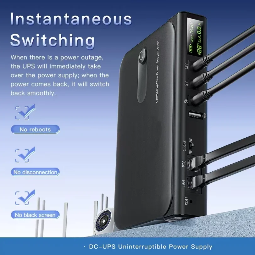 

DC UPS Uninterruptible Power Supply System 5V-24V Output 4x18650 Replaceable Battery for Router NAS Modem and Security Monitor