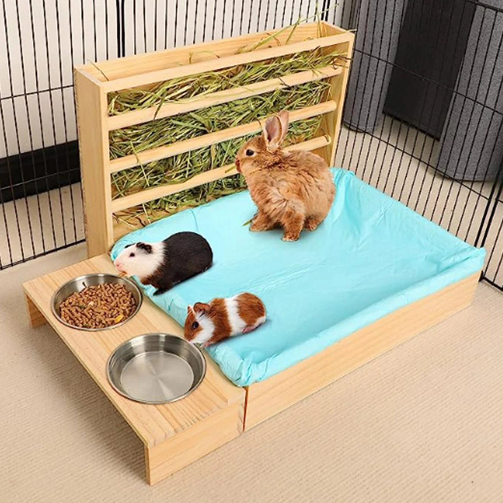 Bunny Feeder Manger Wooden Rabbit Hay Feeder with Litter Box Hamster Food Dispenser for Small Animal Chinchilla Feeding Supplies