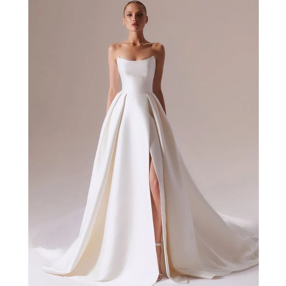 

Elegant Satin Evening Dress Dreamy Strapless Customized Wedding Dresses Modern Strapless High Split Chapel Train Party Gowns