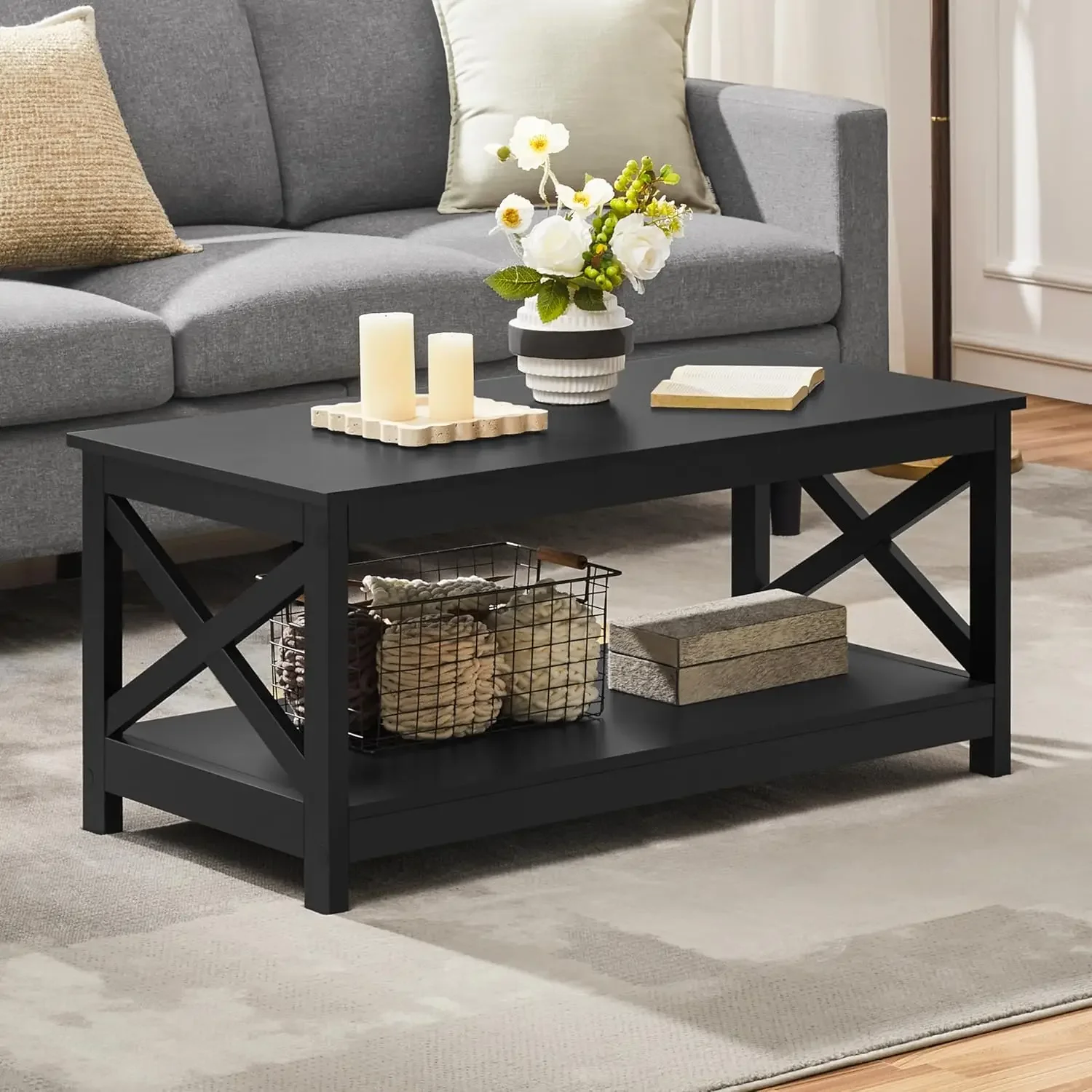 Wood 2-Tier Black Coffee Table with Storage Shelf for Living Room, X Design Accent Cocktail Table, Easy Assembly Home Furniture