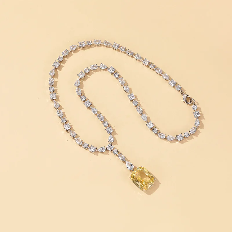 Designer Collection Style Earrings Necklace Women Inlay White Yellow Square Zircon Tassels Pendant Jewelry Sets