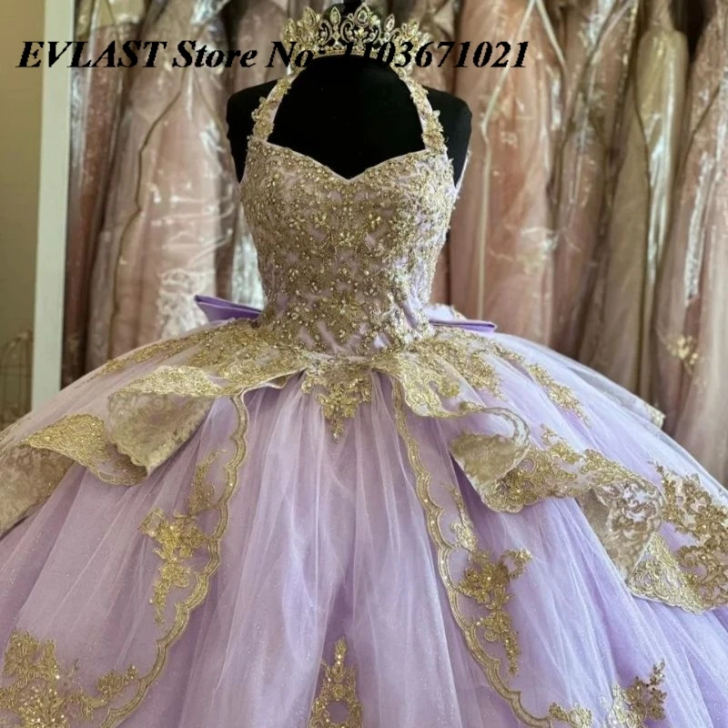 EVLAST Блестящее лавандовое платье Quinceanera, бальное платье с золотой кружевной аппликацией и бисером, многоуровневый бант Sweet 16, Vestidos De XV 15 Anos SQ9