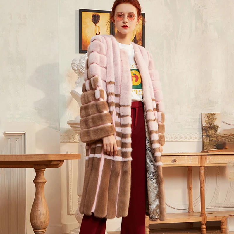 Ftangaiur Winter Import Velvet Mink Fur Coat O-Neck Loose Mink Coat Women Full Sleeve Striped Long Natural Real Mink Fur Coats