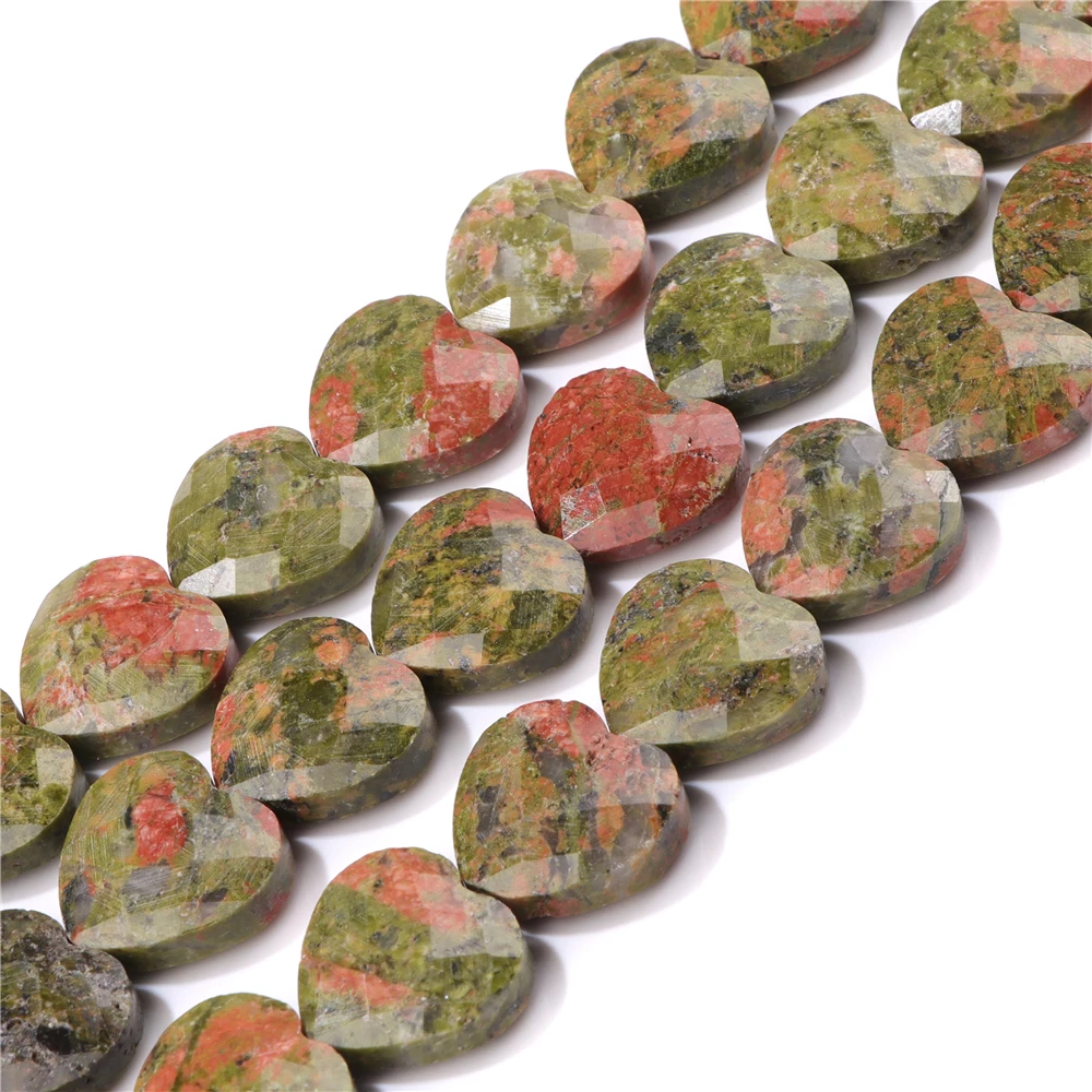 Natural Unakite Pendant Beads Flat Love Heart Faceted Stone Bead Healing Reiki Beads for DIY Bracelet Necklace Earrings 15*15mm