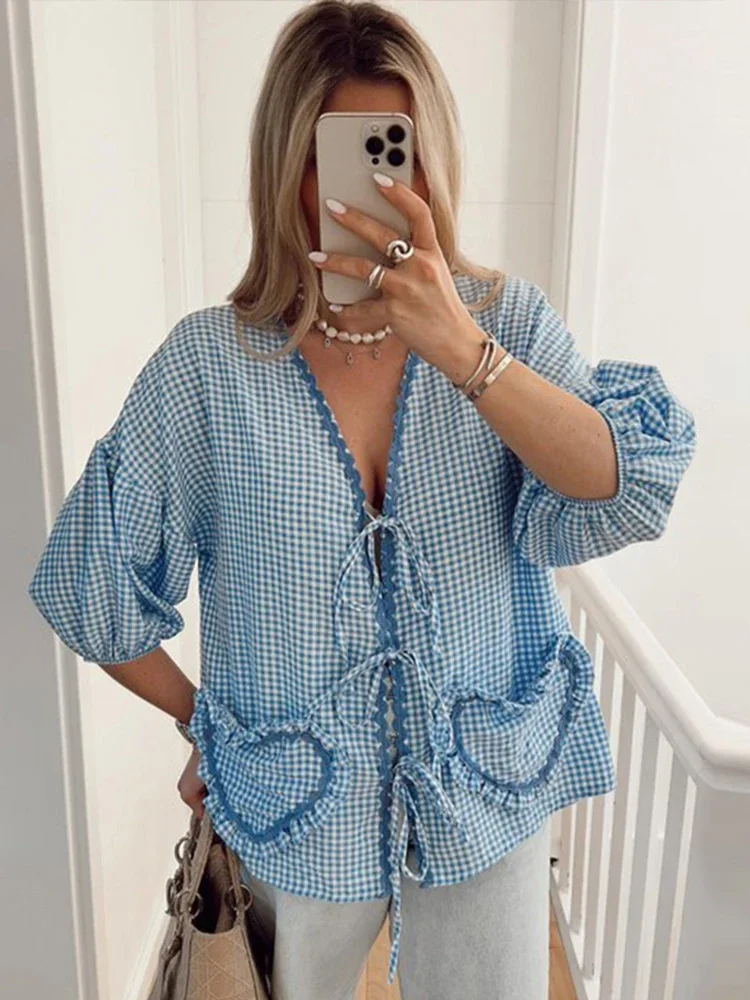 Fashion Plaid Shirts for Women 2024 Spring Summer Female Elegant Chic Lady Sweetheart Tops Long Sleeve Lace Up Cardigan Blouse