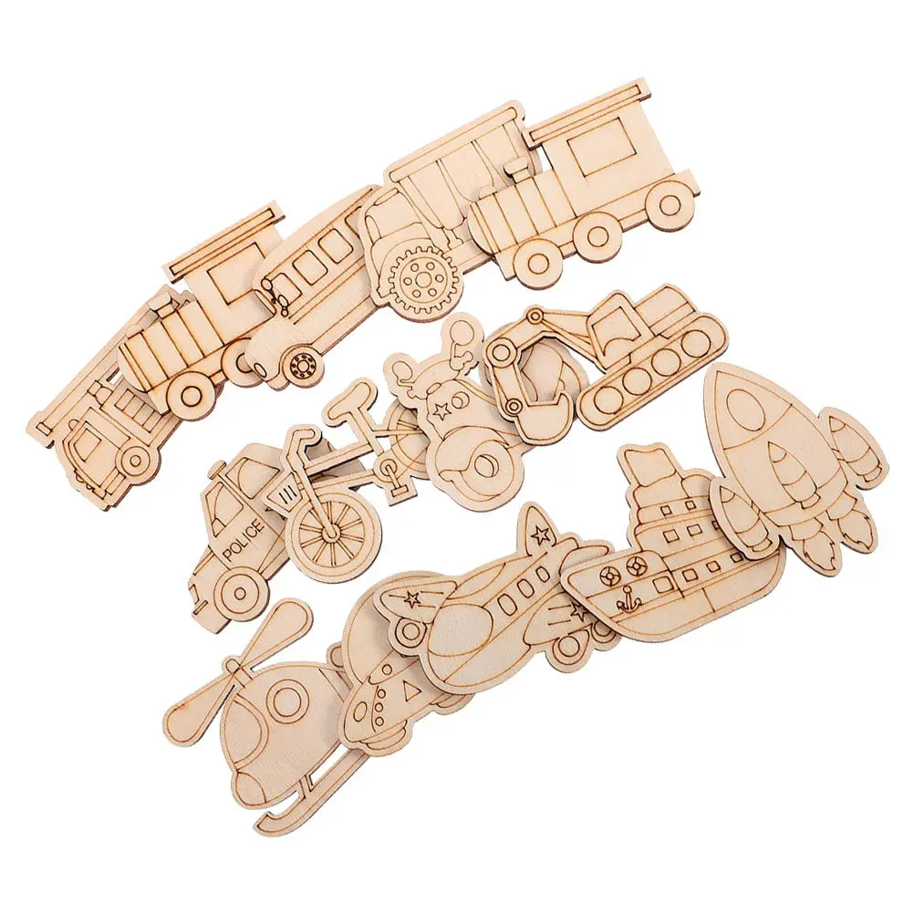 25Pcs Unpainted Wooden Cutouts Vehicle Shapes Car Helicopter Excavator Creative DIY Craft Wood Slices Decorations