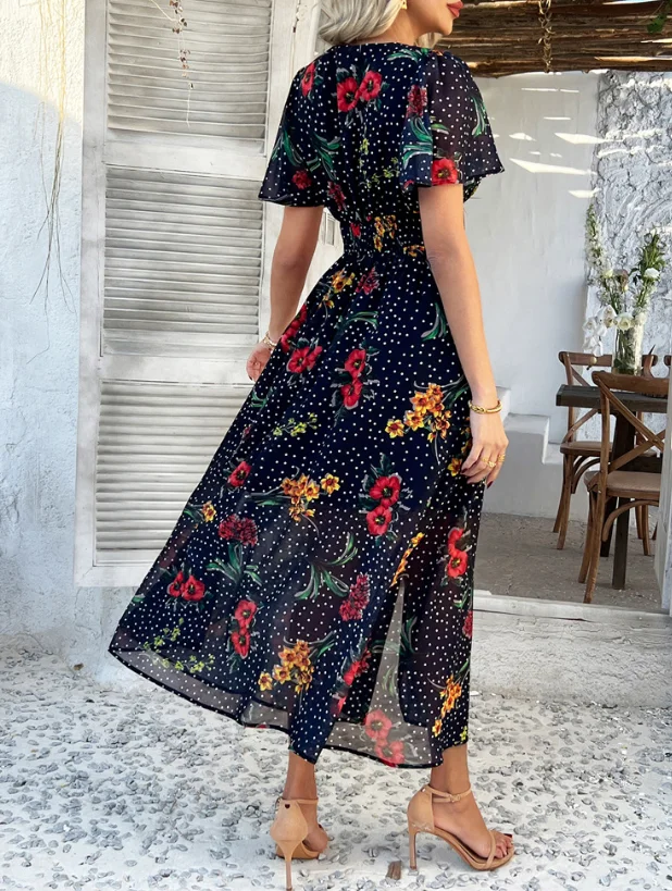 Vestido de férias de verão boêmio com decote em v estampa floral vestido de manga curta para mulheres temperamento moda cintura alta vestidos evasê