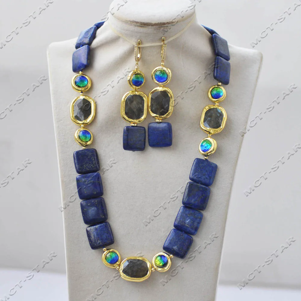 Z14050 Set 22'' 26mm Gray Moonstone Lapis lazuli Square Coin Ancient Glassware Necklace Earring
