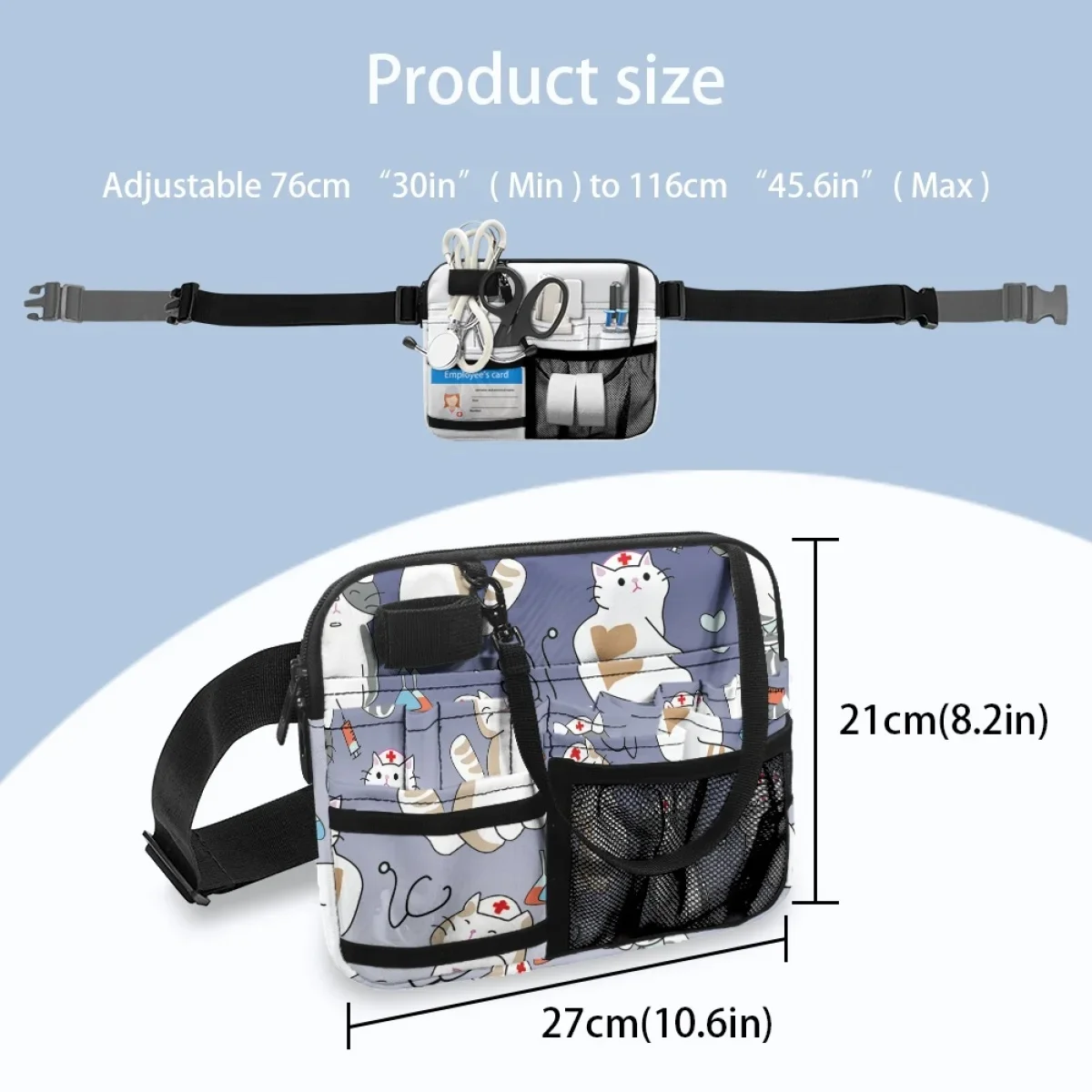 Equipamento médico Fanny Pack com vários bolsos, saco de cintura para estetoscópios durável e suprimentos de emergência, desenho animado e enfermeira, design de gato, elegante