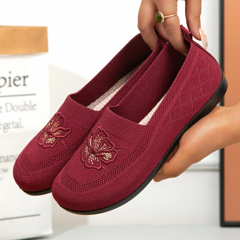 Damen-Strick-Slipper mit Blumenstickerei, flache Schuhe, atmungsaktives Mesh-Material, weiche Sohle, ideal für ältere Damen, Mütter, zum täglichen Gehen. – Detail 9