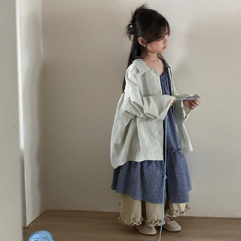 

Girls' Plaid Suspender Dress Casual Shirt Three-Piece Set Spring and Autumn Children's Casual Versatile Skirt Outfit