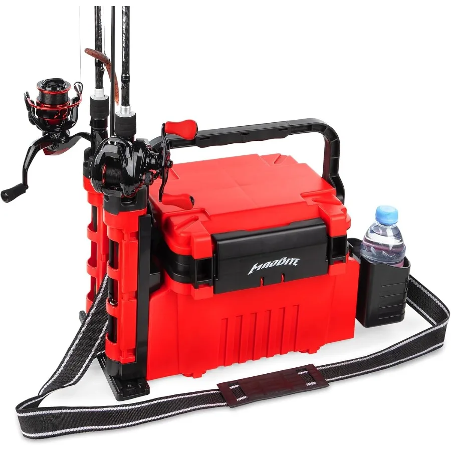 

MadBite By KastKing RigHub Portable Tackle Storage Box with Adjustable Rod Holder and Cup Holder Removable Dividers for Fishing