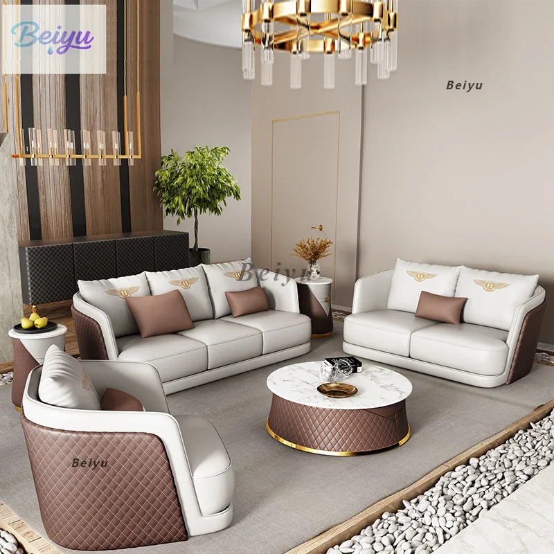 

Современный легкий роскошный кожаный диван, комбинированный комплект журнального столика для гостиной, элитный офис на трех человек, бизнес-приемник