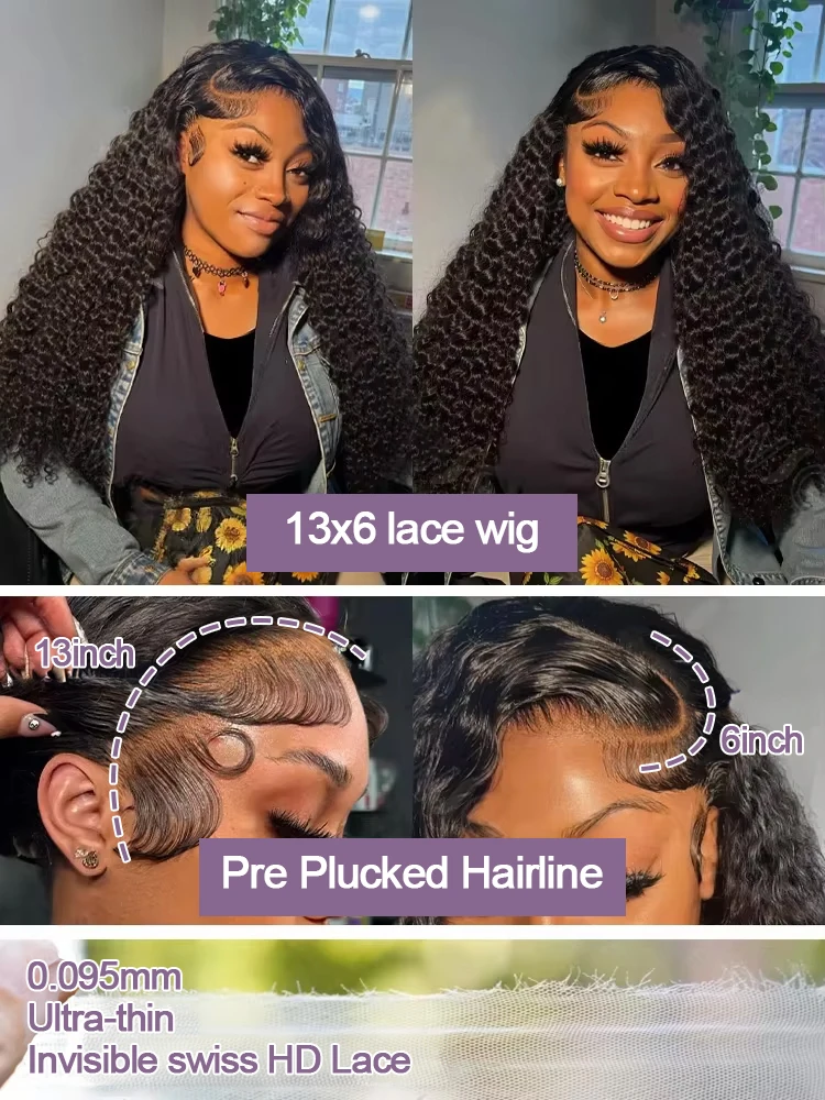 250 Density Curly Wigs Human Hair 100 Water Wave Black 13X6  Hd Lace Front Deep Wave Glueless Human Hair Wig Natural Female Wig