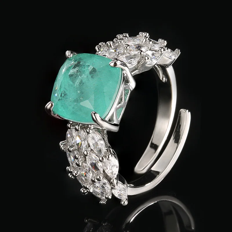 

Charms Adjustable Band Ring with 10mm Cushion Cut Green Emerald Cubic Zirconia Statement Wedding Jewelry for Women Gift