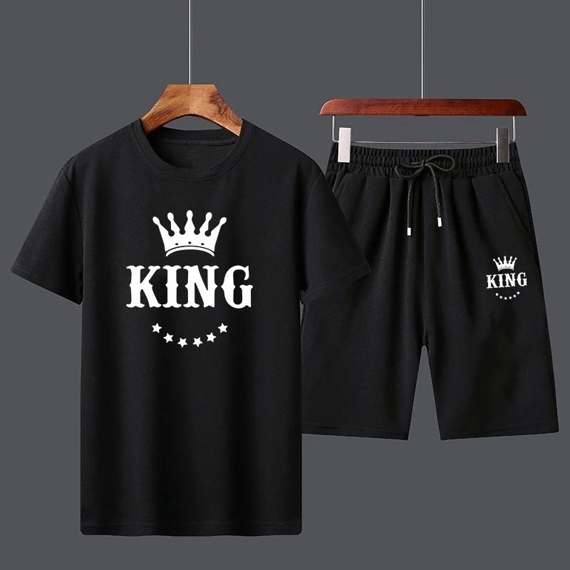 New Summer King Print Men\'s T-shirt Suits Short Sleeve Cotton T-shirt Short 2 Peices Set Tracksuits Jogging Suit 6 Colors