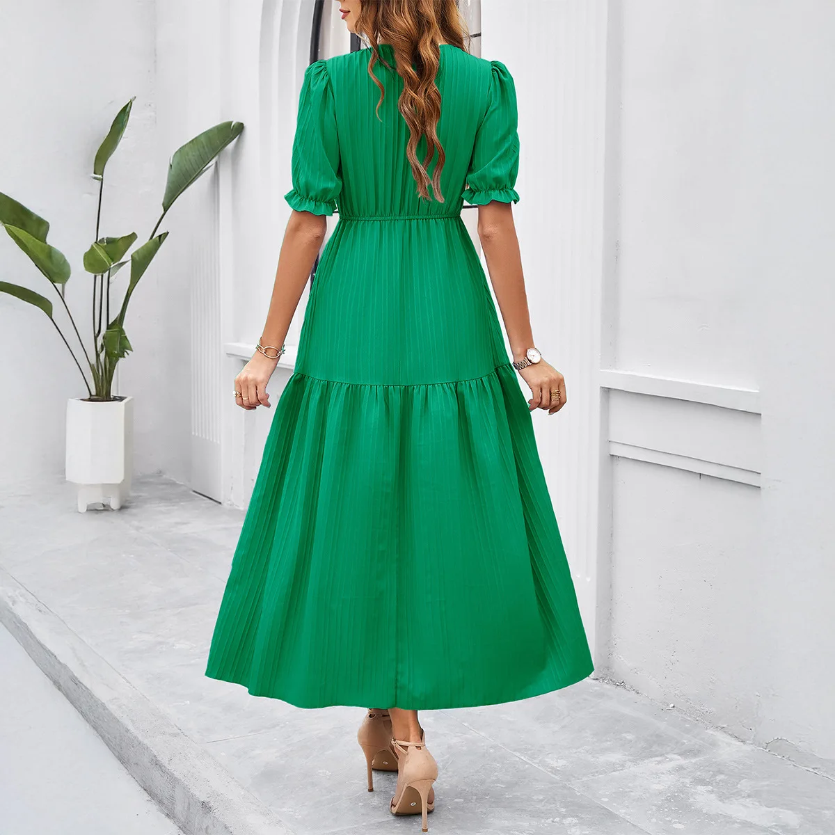 Robe de vacances d'été à col en V pour femmes, taille haute, ligne a, robe de plage fluide avec fente, robe mi-longue élégante, Robes Boho, 2025