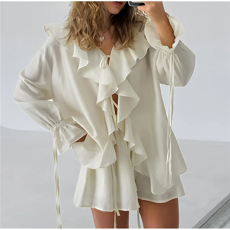 

ABRT-Women's French V-Neck Loose Ruffled Shirt And Shorts Suit Two-Piece Suit