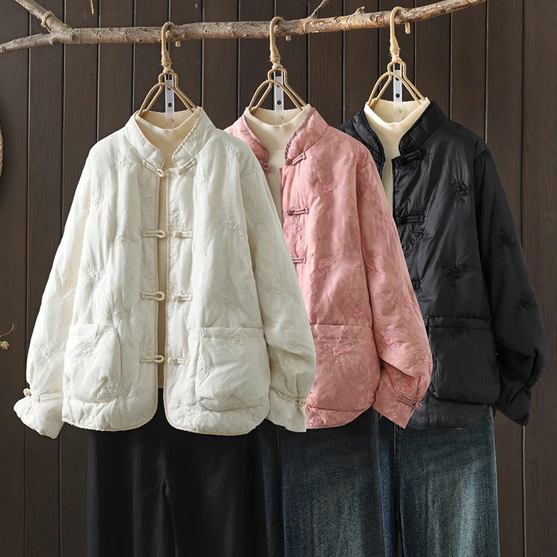 

New Chinese Sle Winter Women's Loose Casual Collar Embroidered Cotton Jaet Retro Artistic Eth Outerwear Cotton Coat