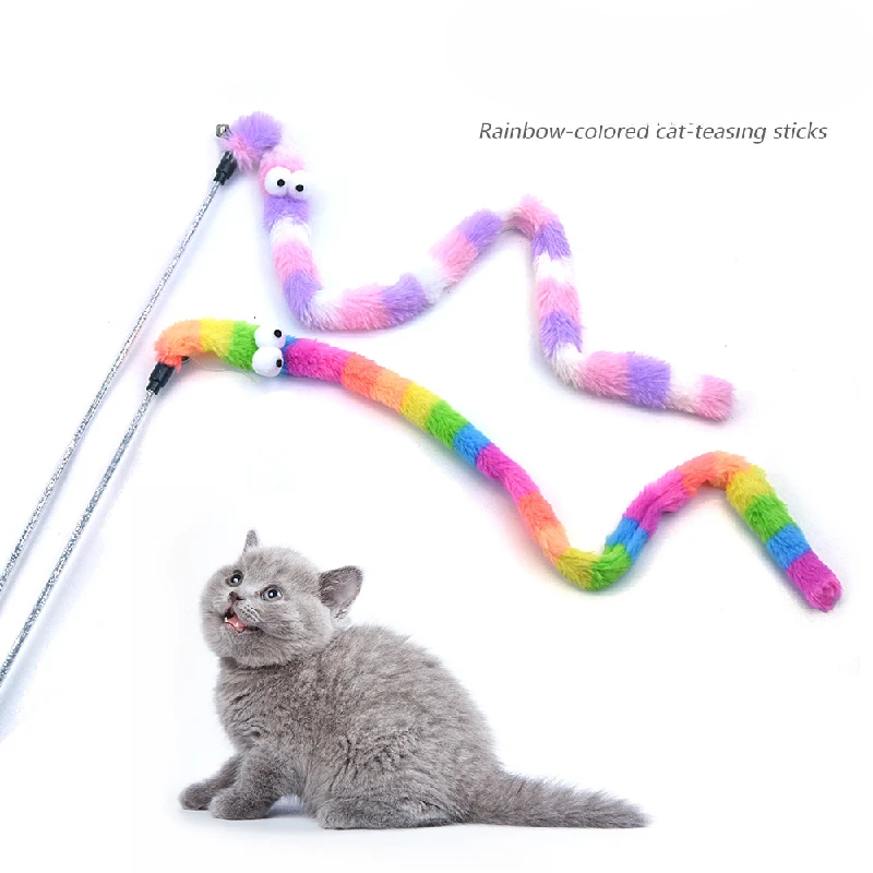 

For Cat Teaser Stick Toy With Bell Fleece Colorful Snake Shape Funny Accompany Interactive Plush Toys Pet Supplies for Kitty