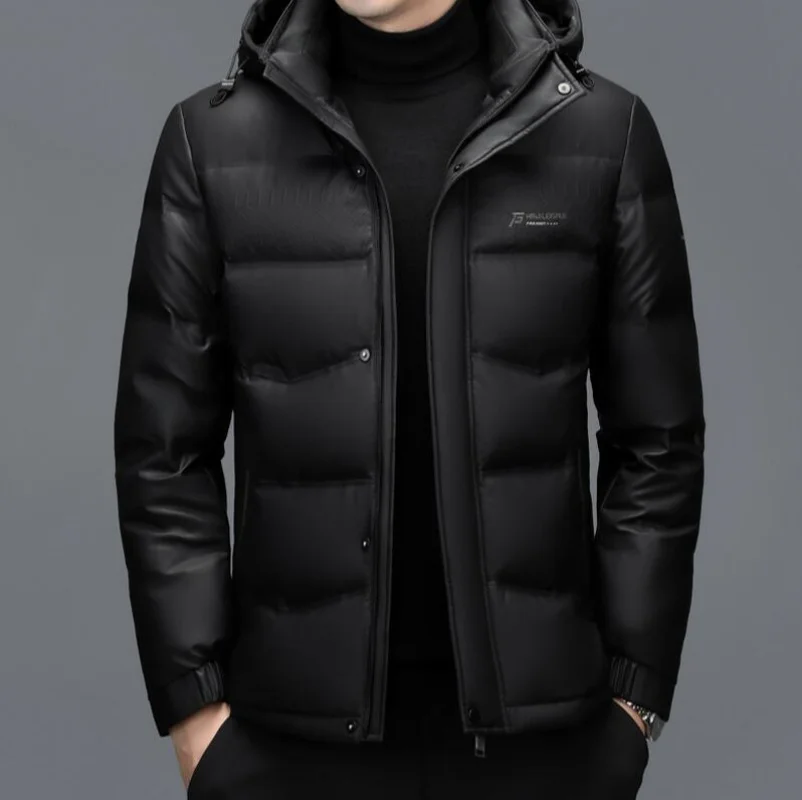 

Fashion Winter Men's Genuine Leather Down Jacket Hooded Casual Jacket With Thick Down And White Duck Down Jacket