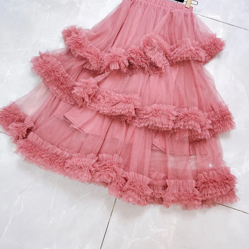 Falda de medio cuerpo acampanada Irregular con volantes de malla amarilla de cintura alta elástica nueva tendencia de moda para mujer primavera otoño 2025