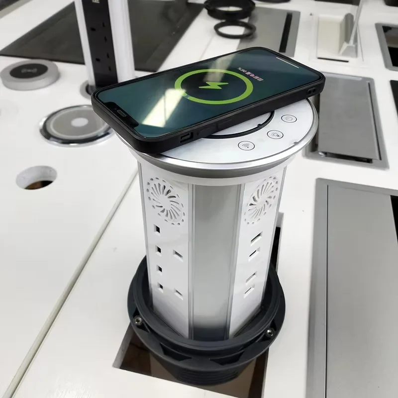

New 6AC Power Outlet with 4 USB & WIFI Smart Motorized IP65 Kitchen Lifting Pop Wireless Charging Tower Socket Speaker