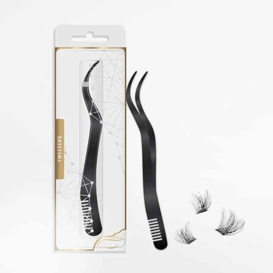 2 in 1 Lash Extension Tweezers with Comb, Stainless Steel Elbow Eyelash Extension Tweezers, Eyelash Tweezers for Lash Extension