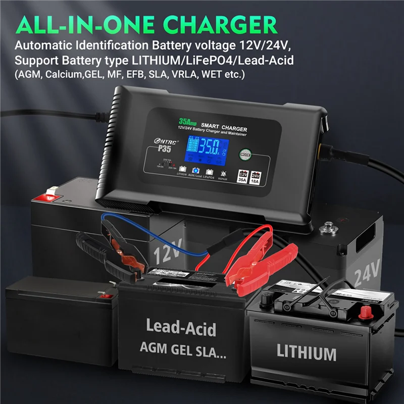 جديد-HTRC 35A 12 فولت 24 فولت شاحن بطارية السيارة للسيارات موتو شاحنة دراجة نارية AGM الرصاص الحمضية PB هلام شاشة الكريستال السائل الشحن الذكي