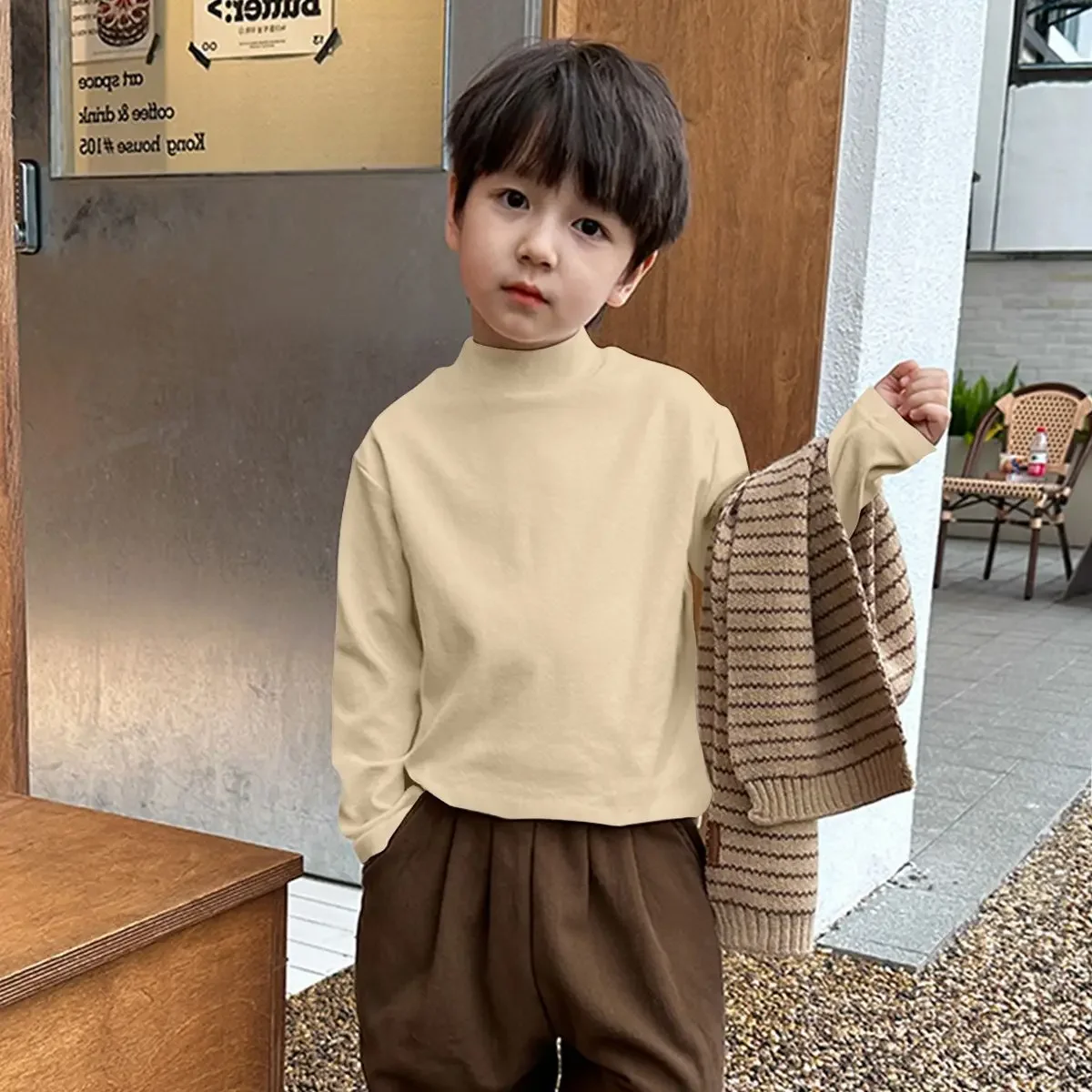 Boy Shirt 2024 Half High Collar Autumn Winter Warm Top Children Double Sided Velvet Fleece Padded Top Boys Tops Clothes