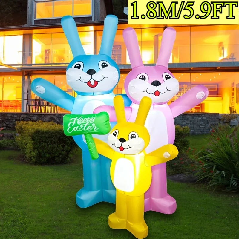 1.8M/6FT Easter Inflatables Toys Decorations Three Bunnies Family Outdoor LED Lighted Easter Blow Up for Party Home Decor