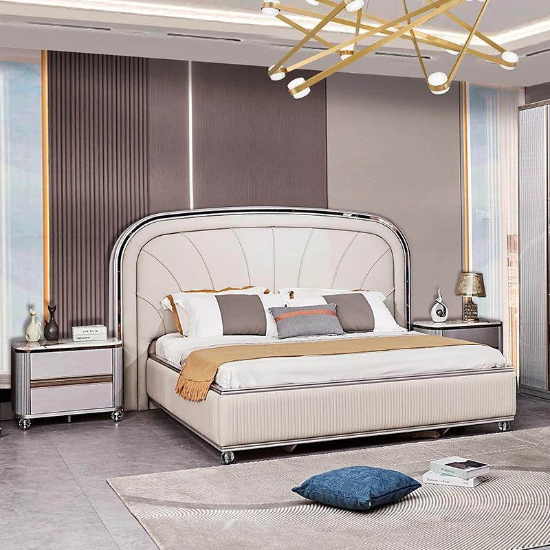 Modern Deluxe Double King Bed Bedroom Set Leather Headboard Wood Frame Upholstered Complete