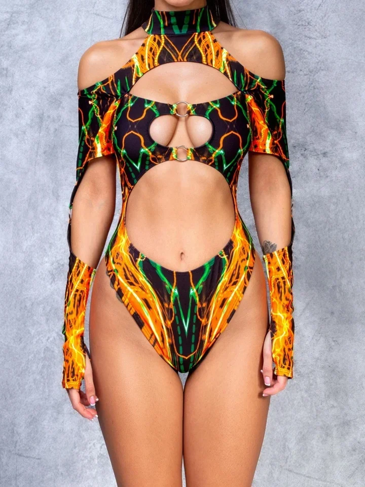 

2025 New Halloween Adult Women Fashion Sexy Blue Slim One-piece Swimsuit Carnival Party Stage Performance Printed Swimsuit Set