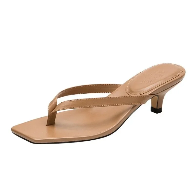 Square toe clip sandals for women 2023 summer new high heel flip-flops large size slim heel women's outdoor leather slippers view 3