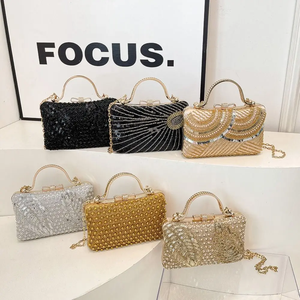 

Elegant Metal Top Handle Evening Banquet Bag Shiny Rhinestone Ladies Clutch Bag Large Capacity Purse Sequin Box Handbag Party