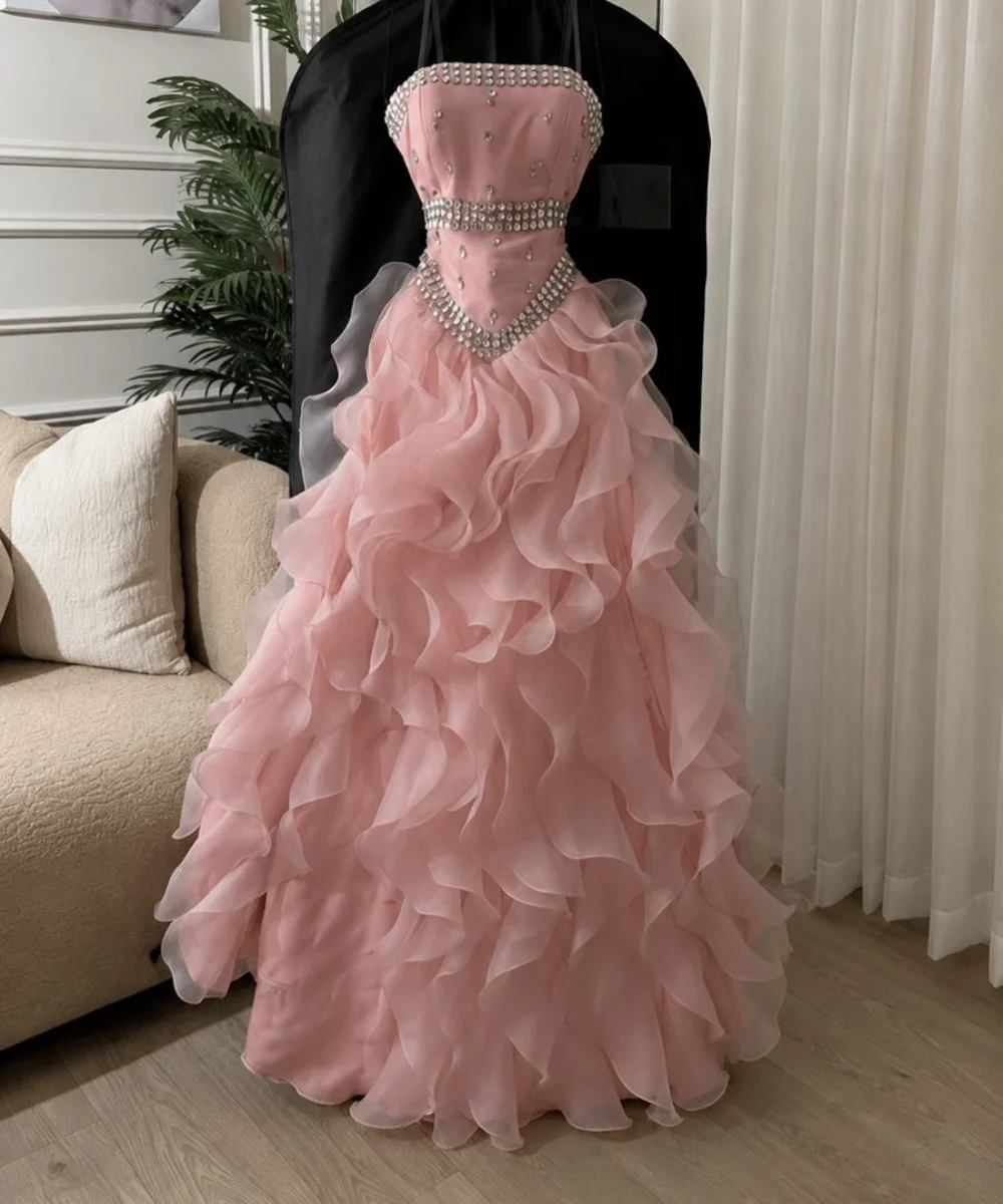 Customized Fashion Organza Pleat Sequined A-line Strapless Long Luxury Party Prom Dresses Classic Sparkle Formal