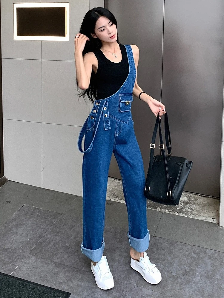 Women Wide Leg Straight Denim Overalls Spring Summer Asymmetric Small Waist Bag Metal Buckle Versatile Slimming Casual Pants