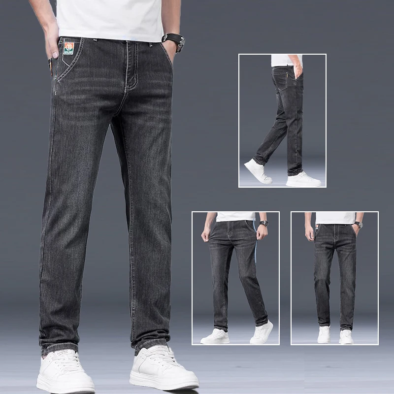 ホット販売男性通気性多用途デニムパンツメンズ春夏薄型スリムフィットジーンズ快適なダークグレーブルーグレーズボン