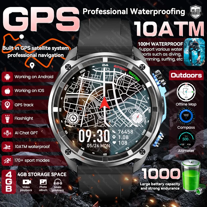 Nowy Męski Wojskowy Smartwatch z GPS, Mapami, 4GB Pamięci, Ekranem AMOLED HD, Baterią 1000mAh, Wodoodpornością 10ATM, Funkcją Połączeń Bluetooth