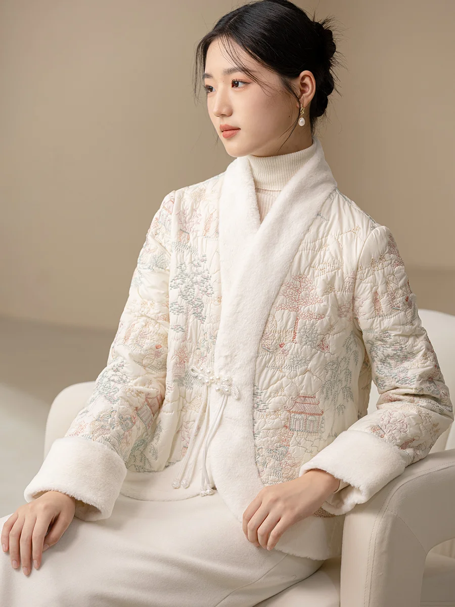 

Утепленная хлопковая куртка женская, новая осенне-зимняя, с китайской вышивкой, пэчворком, меховым воротником, хлопковое пальто с открытым воротником