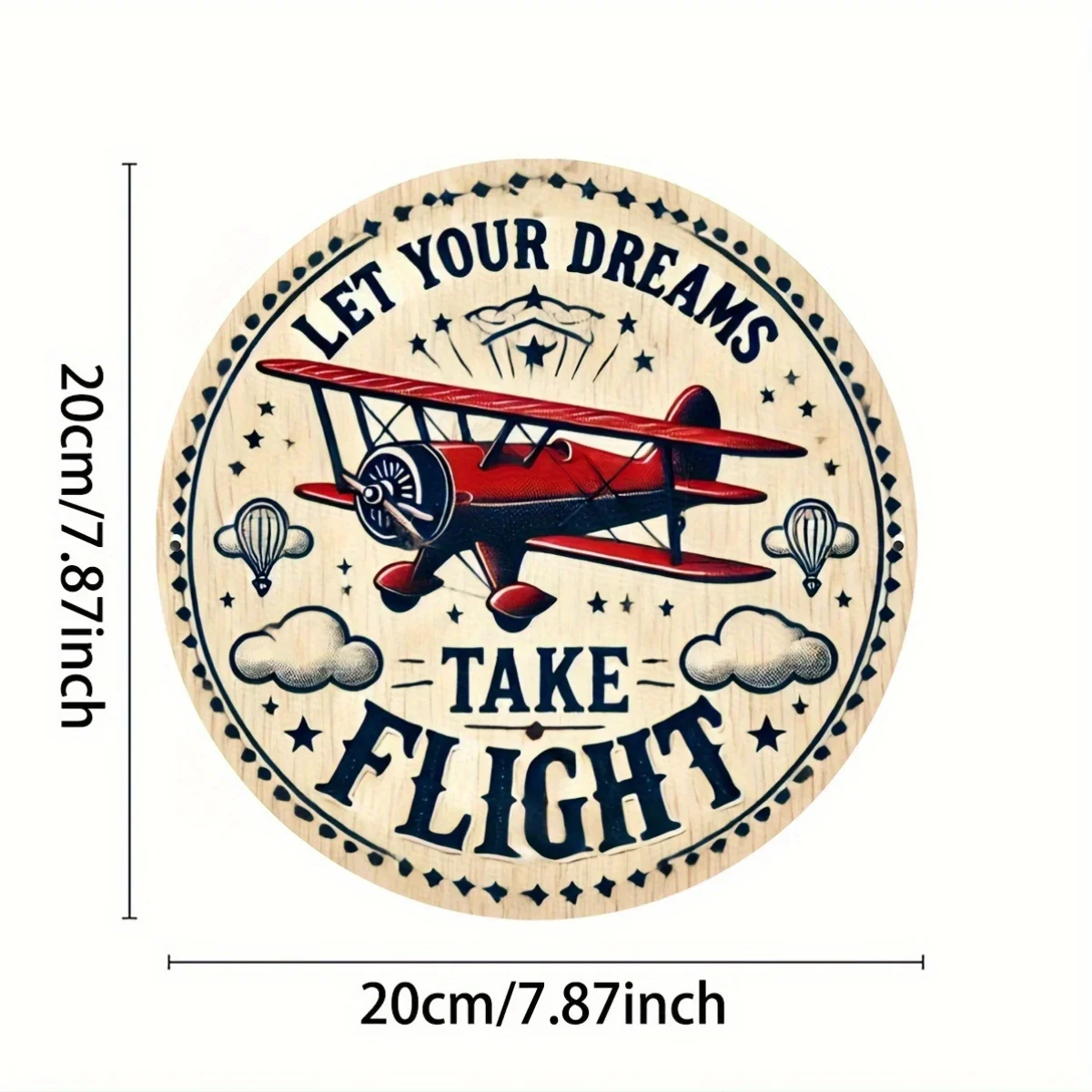 1pc 2D Flat Round Wooden Texture Sign, Vintage Biplane Dream Flight Quote Plaque, Farmhouse Study Wall Hanging Decor