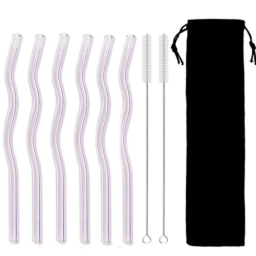 6Pcs Glass Straws Eco-friendly Drinking Straws Pink Smoothie Reusable Milkshakes Tea Juice Cocktail Straw Brush Multi Black Box