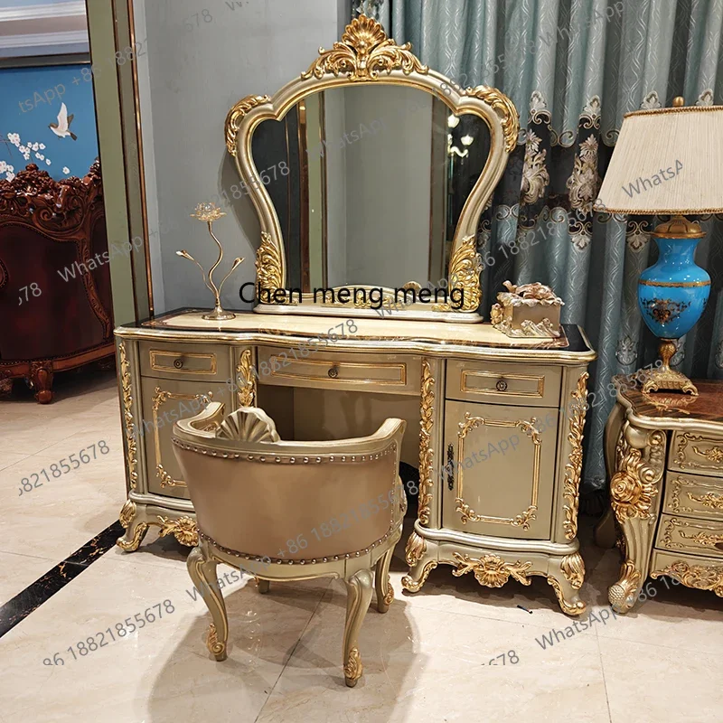 X188 European dressing table master bedroom luxury villa makeup table makeup stool with mirror solid wood carving flower