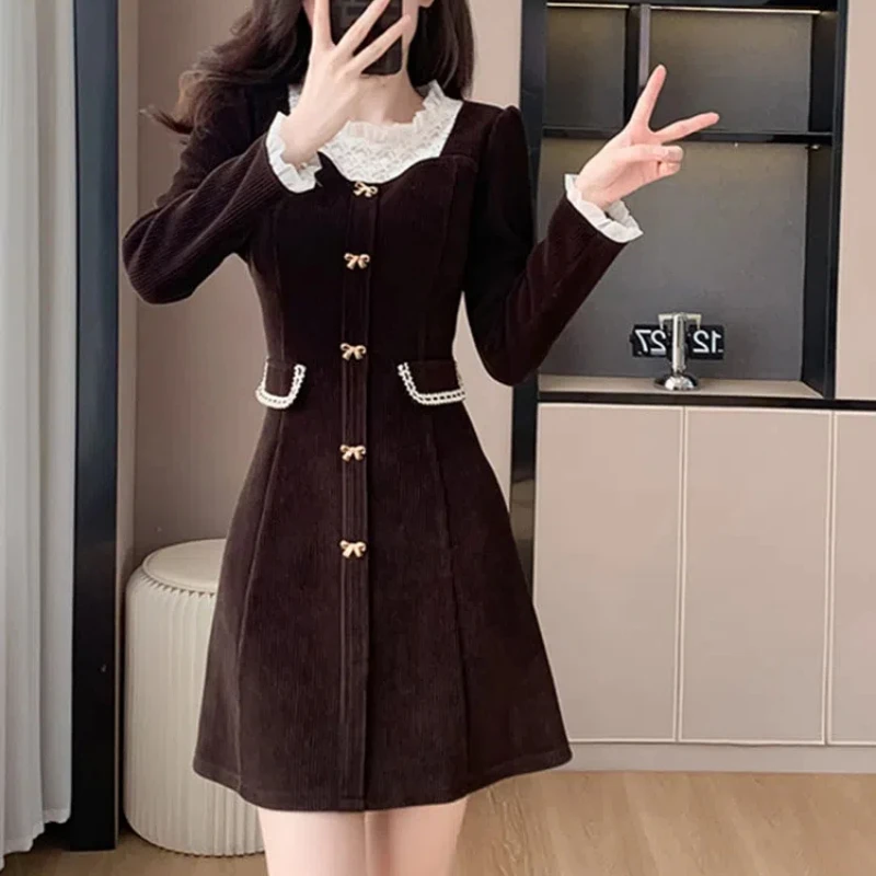 2024 Women\'s French Vintage Stylish Dresses Spring and Autumn New Arrivals Small Fellow Corduroy Fake Two Pieces Minority Skirt